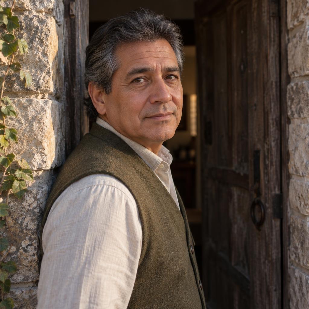 Romantic Period-Drama Lead: Close portrait beside a narrow stone doorway with an aged wooden door ajar behind.