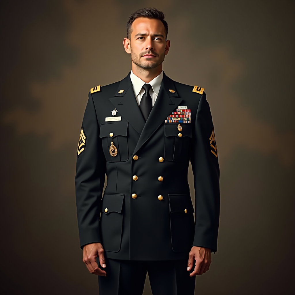 AI-generated photo: Photorealistic studio portrait photography. A commanding formal military service portrait in full dr...