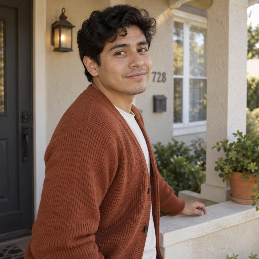Warm Neighborly Character: Waist-up acting portrait on a small stucco front porch.