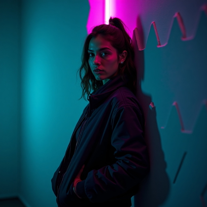 AI-generated photo: Photorealistic gaming portrait photography. The subject stands against a wall of dimly glowing hexag...