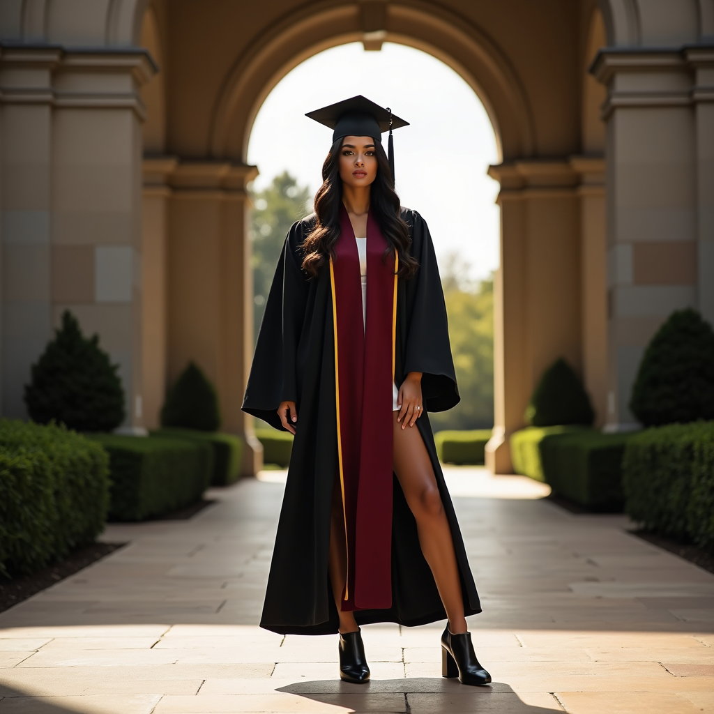 AI-generated photo: High-end fashion portrait photography, a dramatic cap-and-gown hero portrait set in the center of a ...