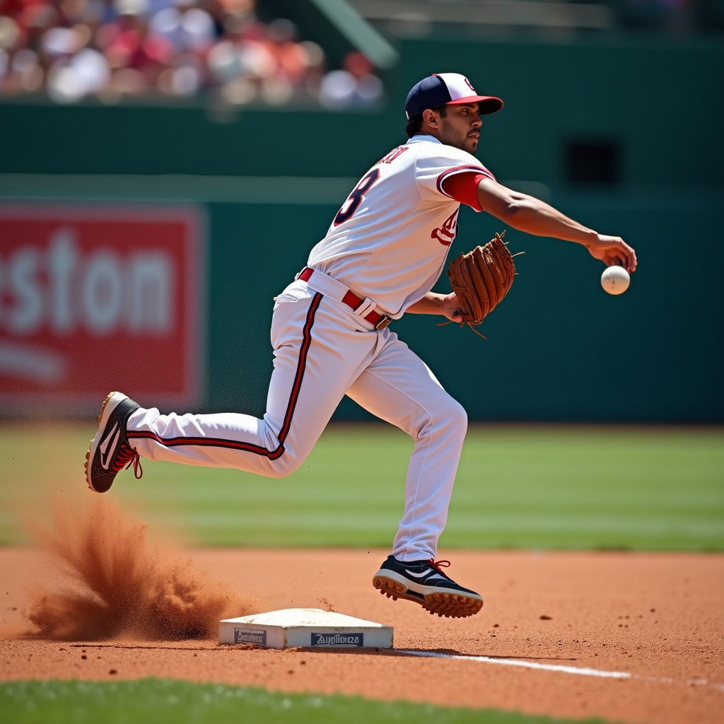 AI-generated photo: Photorealistic professional sports action photograph: a shortstop fully airborne above packed infiel...