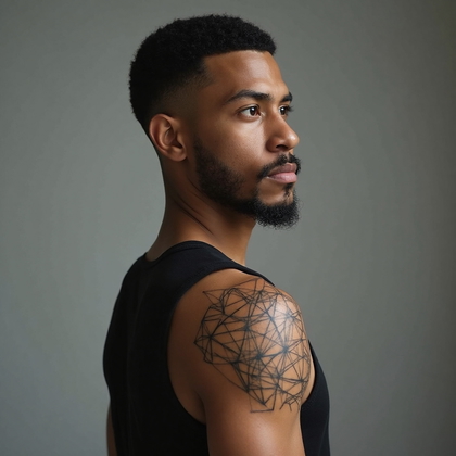 AI-generated photo: Photorealistic photography capturing a 32-year-old man with a minimalist abstract tattoo on his shou...