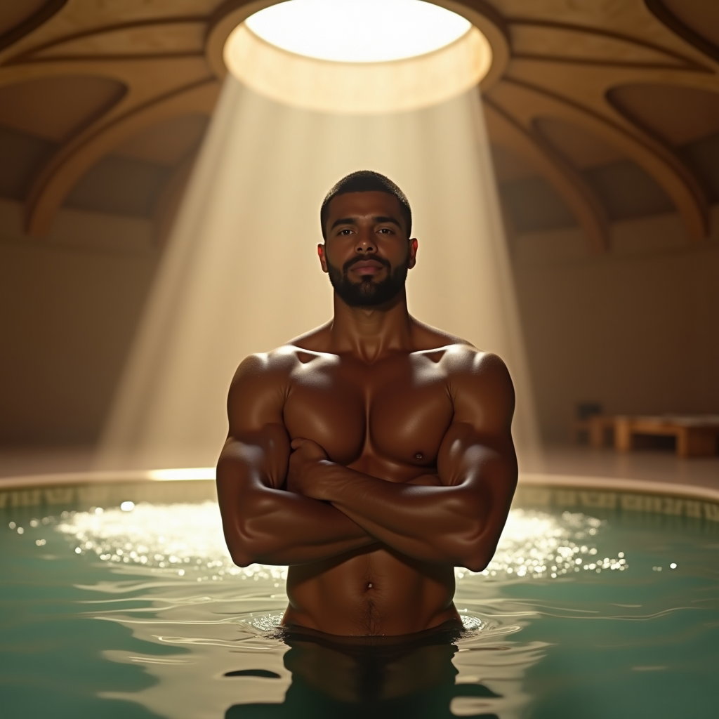 AI-generated photo: Photorealistic portrait photo inside a hammam-inspired domed bathhouse, the oculus beam guided throu...