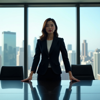 Photorealistic LinkedIn photo at the head of a glass-walled boardroom overlooking a cityscape; the subject stands behind a polished table with both palms lightly touching the surface, torso angled three-quarters toward the lens, calm, assured stance. A large window-side key shapes clean highlights across the face while a subtle rim from recessed downlights separates the silhouette from the background. Strong leading lines from the table edges and window mullions drive the eye straight to the face for a modern, executive look.