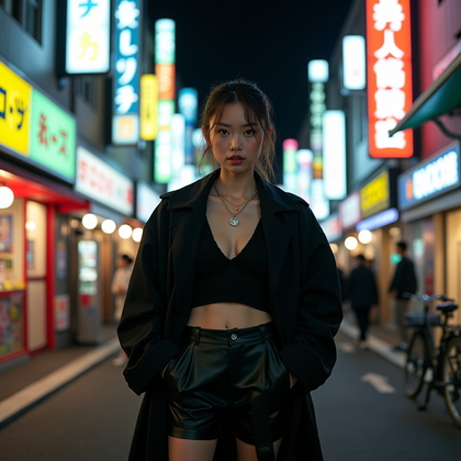 AI-generated photo: Fashion editorial street photography, a bold Tokyo-inspired street fashion image set in a nightlife ...