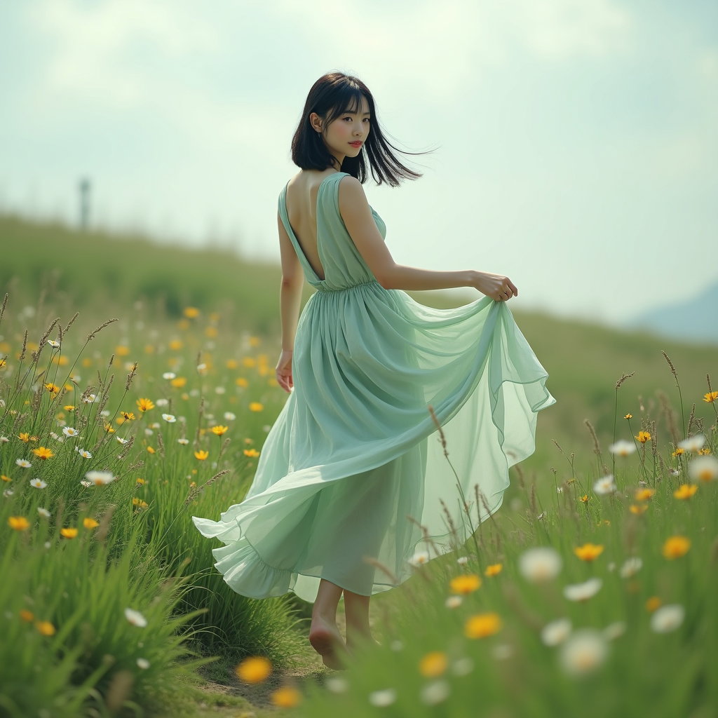 Demi-tour dans la prairie : demi-tour onirique en pied dans une prairie sur une légère pente herbeuse, avec une seule personne visible se tournant vers le spectateur, la jupe superposée vert sauge pâle soulevée…