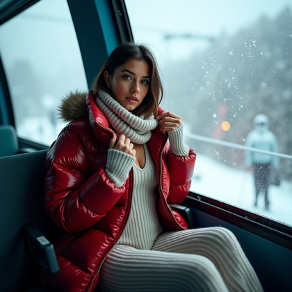 AI-generated photo: Photorealistic winter lifestyle photo: In a ski gondola mid-ride with windows filmed in frost and sl...