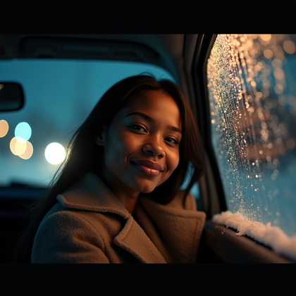 AI-generated photo: Photorealistic lifestyle photo captured inside a parked car at night, the side window rimmed with in...