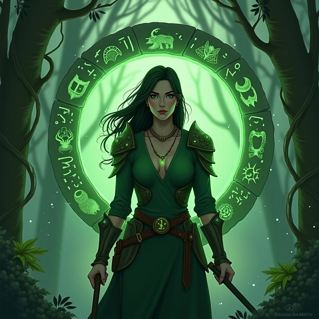 AI-generated photo: Stylized fantasy digital illustration. A frontal, waist-up avatar portrait representing a nature/war...
