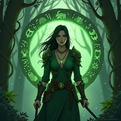 AI-generated photo: Stylized fantasy digital illustration. A frontal, waist-up avatar portrait representing a nature/war...