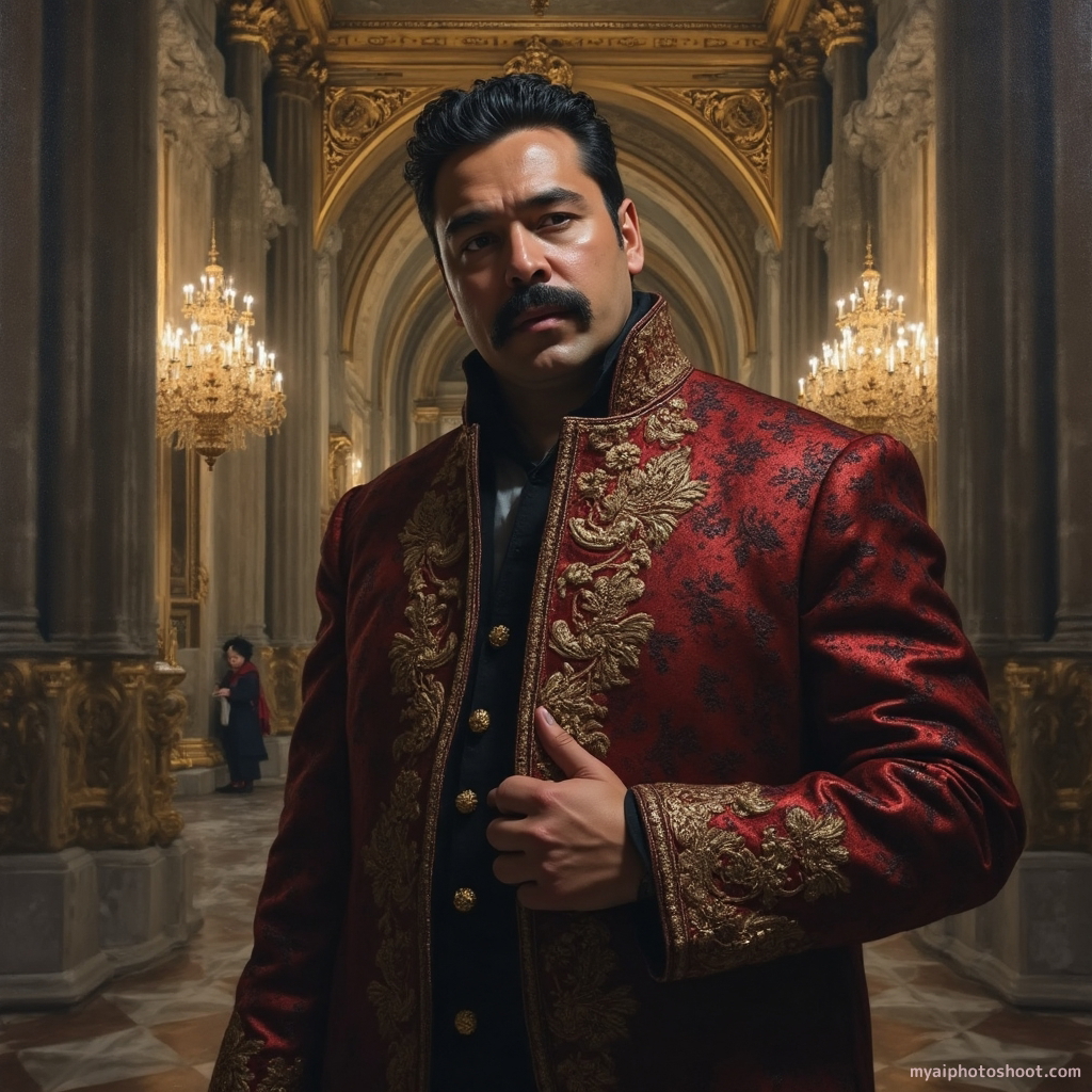 Baroque oil painting. The composition features a grand architectural setting with towering marble columns and richly adorned ceilings. The figure, in a commanding pose, wears a sumptuous brocade coat with intricate patterns of dark reds and golds, indicative of high status. The use of tenebrism casts an atmospheric shadow throughout, with strategic lighting illuminating the subject’s face and hands, creating a focal point of intrigue and drama. The painting captures a moment of introspection, with the subject’s thoughtful expression set against a background of opulent Baroque interior elements, such as gilded mirrors and ornate chandeliers. The color palette is bold and contrasting, enhancing the emotional intensity typical of Baroque art.