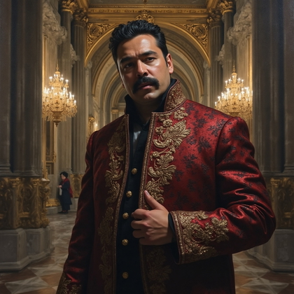 AI-generated photo: Baroque oil painting. The composition features a grand architectural setting with towering marble co...