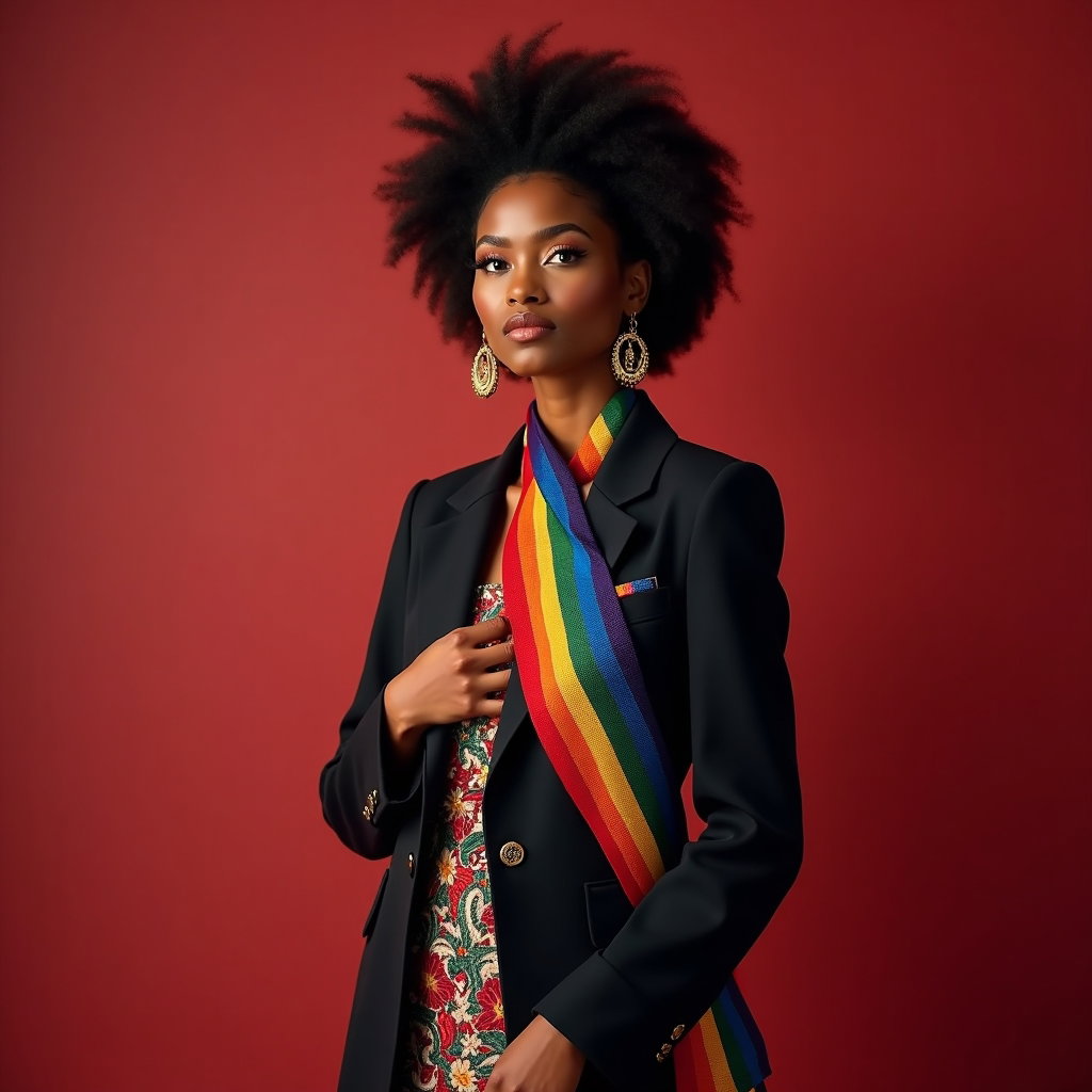 Heritage-Inspired Pride Portraits That Blend Culture and Identity example: Photorealistic half-body editorial portrait photography. The subject stands at a slight angle with one hand resting near