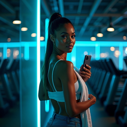 AI-generated photo: Photorealistic gym mirror selfie photo at a premium cardio deck where a mirrored wall faces a runway...
