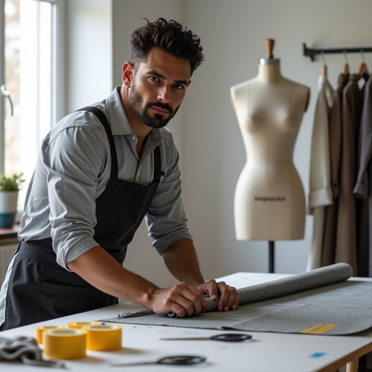 AI-generated photo: Photorealistic editorial lifestyle photography of a fashion designer at a bright cutting table unfur...