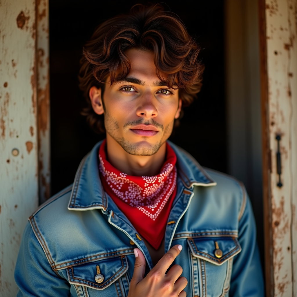 AI-generated photo: Fashion editorial photography, an intimate cowboy-style close-up composed from mid-chest upward, sho...