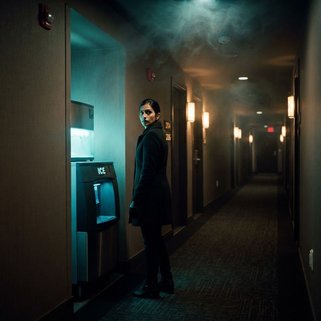 Hotel Corridor Tension: Neo-noir personal photo in a slightly modern hotel corridor, one visible person standing near a humming ice machine glow, fitted coat and…