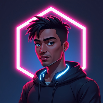 AI-generated photo: Stylized digital illustration portrait. Iconic gaming avatar bust framed inside a neon-edged hexagon...