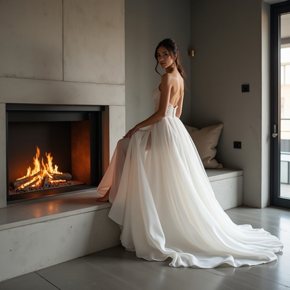 AI-generated photo: Photorealistic wedding photography: at a contemporary venue, the bride edge-perches on the cool ston...