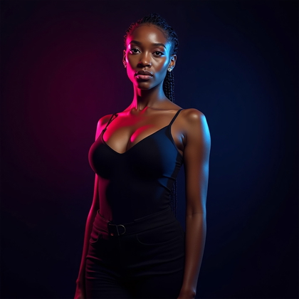 AI-generated photo: Photorealistic studio portrait photograph. The subject stands in a controlled studio environment, fr...