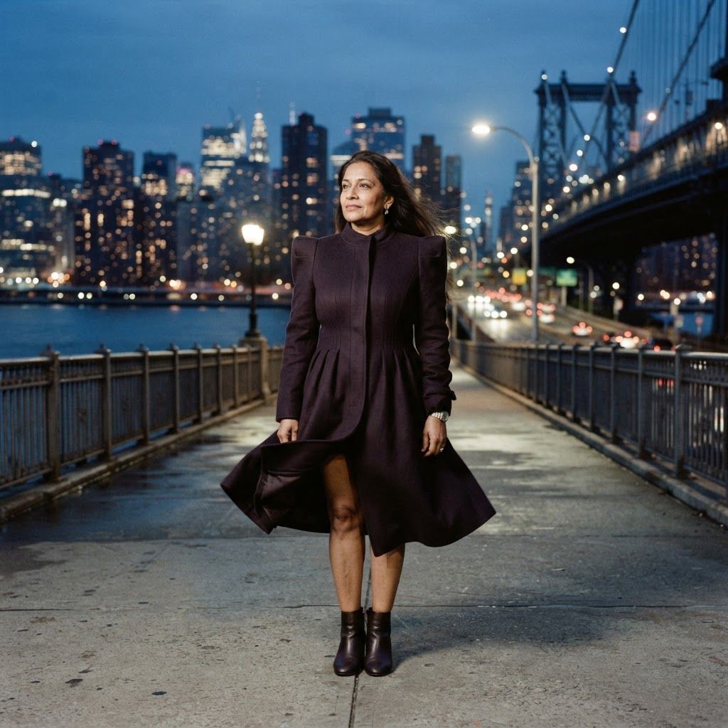 Sculptural Coat on a Windy Bridge: Low-angle full-length portrait alone on a wide bridge walkway at blue hour, city windows glowing across the river.