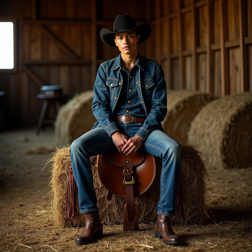 AI-generated photo: High-end fashion photography, a seated saddle-style cowboy pose staged inside a luxe barn interior w...