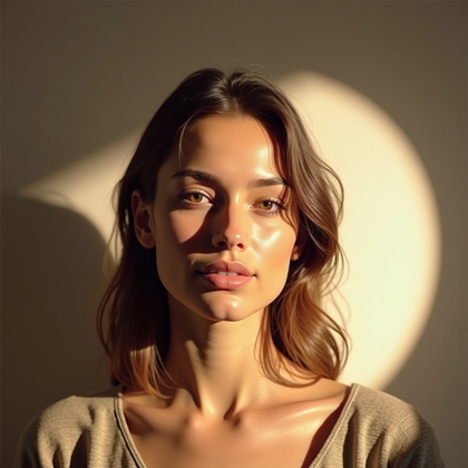 AI-generated photo: Photorealistic studio portrait photo with a collarbone-up composition, a buttery book-light key (dif...