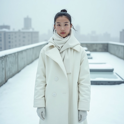 AI-generated photo: Photorealistic fashion editorial photo on a snow-blanketed minimalist rooftop with low white parapet...