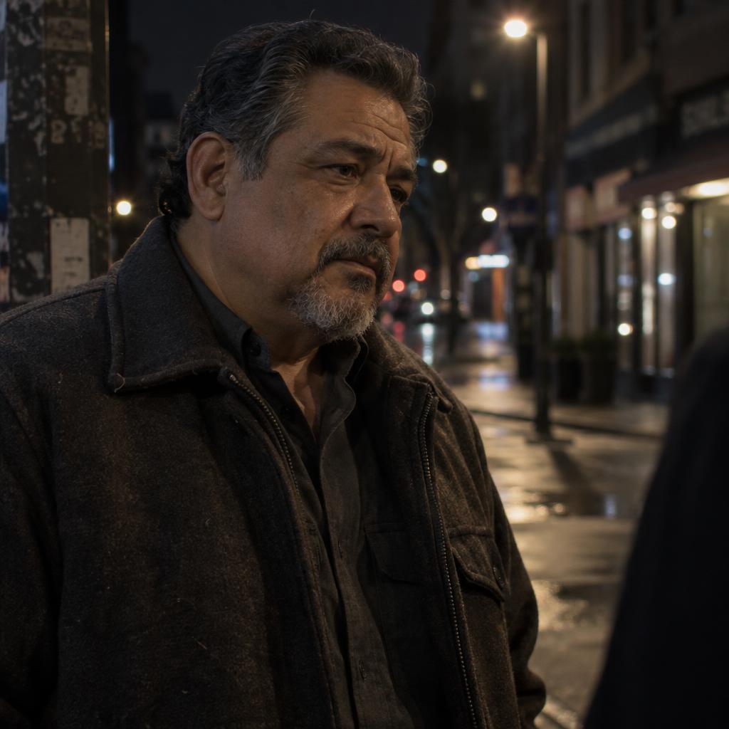 Gritty Crime-Drama Profile: Chest-up acting portrait at the corner of a nearly empty city street.