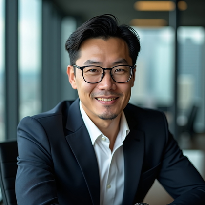 AI-generated photo: Professional headshot: Executive boardroom setting with glass walls and city skyline bokeh, face ful...