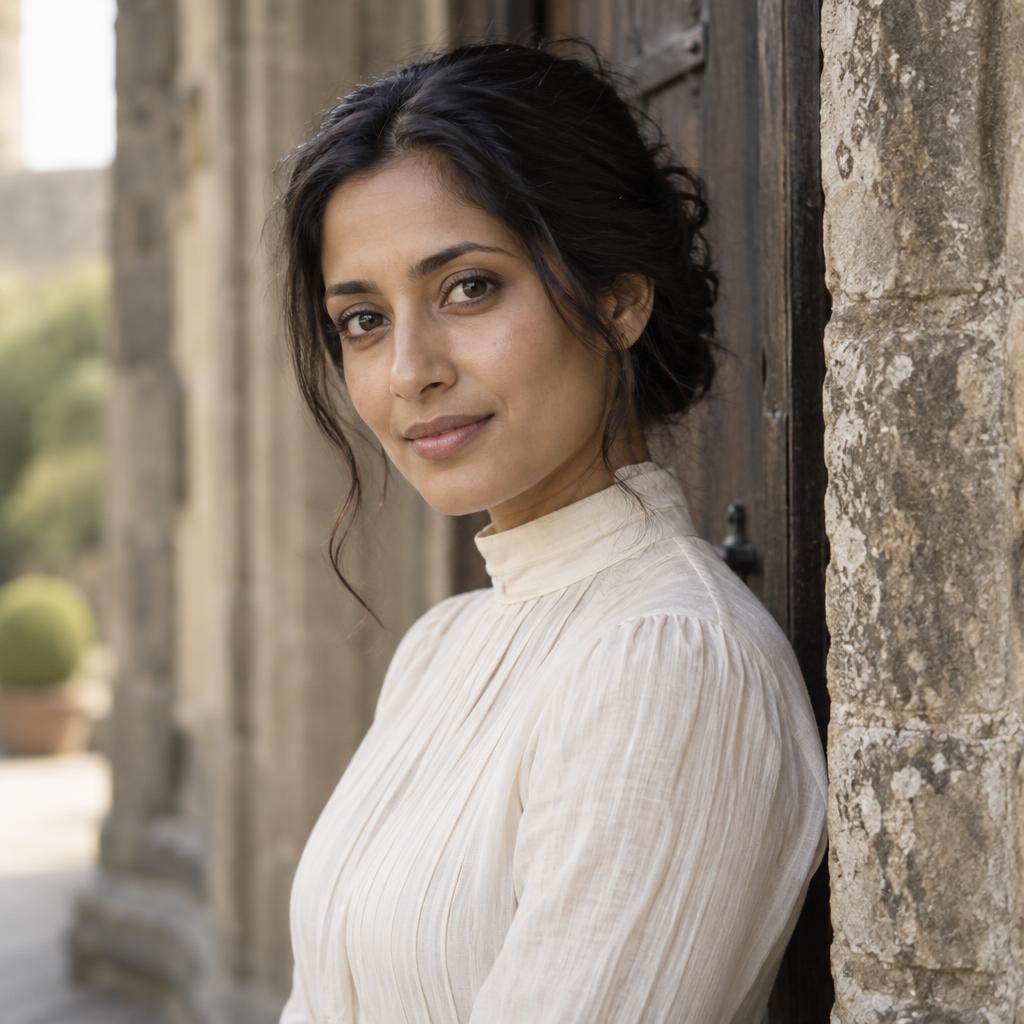 Romantic Period-Drama Lead: Natural acting headshot, chest-up beside a weathered stone doorway.