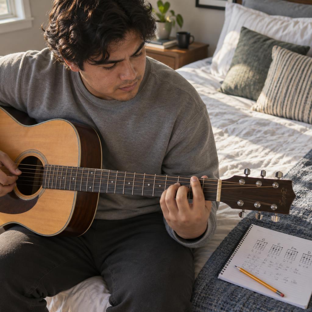Mastering A New Skill: Sitting at the edge of a neatly made bed in a relaxed sweatshirt, he moves his fingers into the next guitar chord, eyes following their…