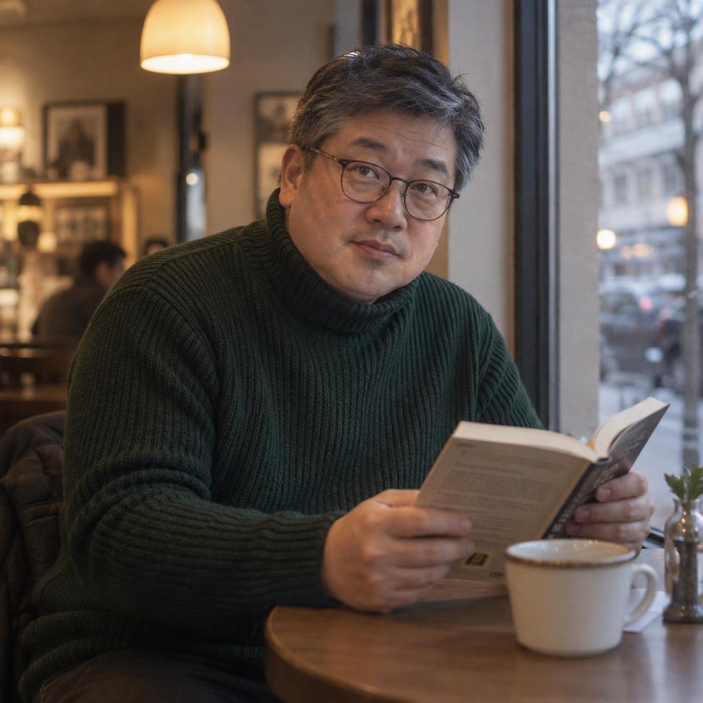 Coffee-Shop Film-Grain Portrait: Warm waist-up photo of one person seated at a small café table beside a window, wearing round glasses and a forest-green ribbed turtleneck.