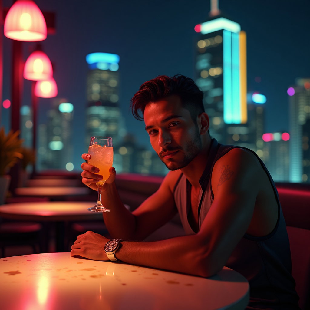 Rooftop or City Night Birthday Photos example: Photorealistic birthday portrait photography. Half-body city-night portrait with the subject seated at a rooftop lounge