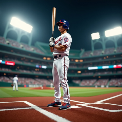 AI-generated photo: Photorealistic professional sports photography of a batter standing tall on a team-logo on-deck mat,...