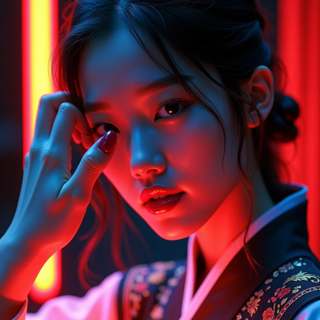 Hanbok-Inspired Demon Hunter Portrait example: Cinematic fantasy character photo. Close-up portrait with the face clearly visible, wearing a hanbok-inspired demon hunt