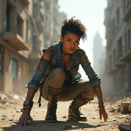 AI-generated photo: Cosplay dynamic action photo featuring a post-apocalyptic scavenger amidst a chaotic urban ruin. Ado...