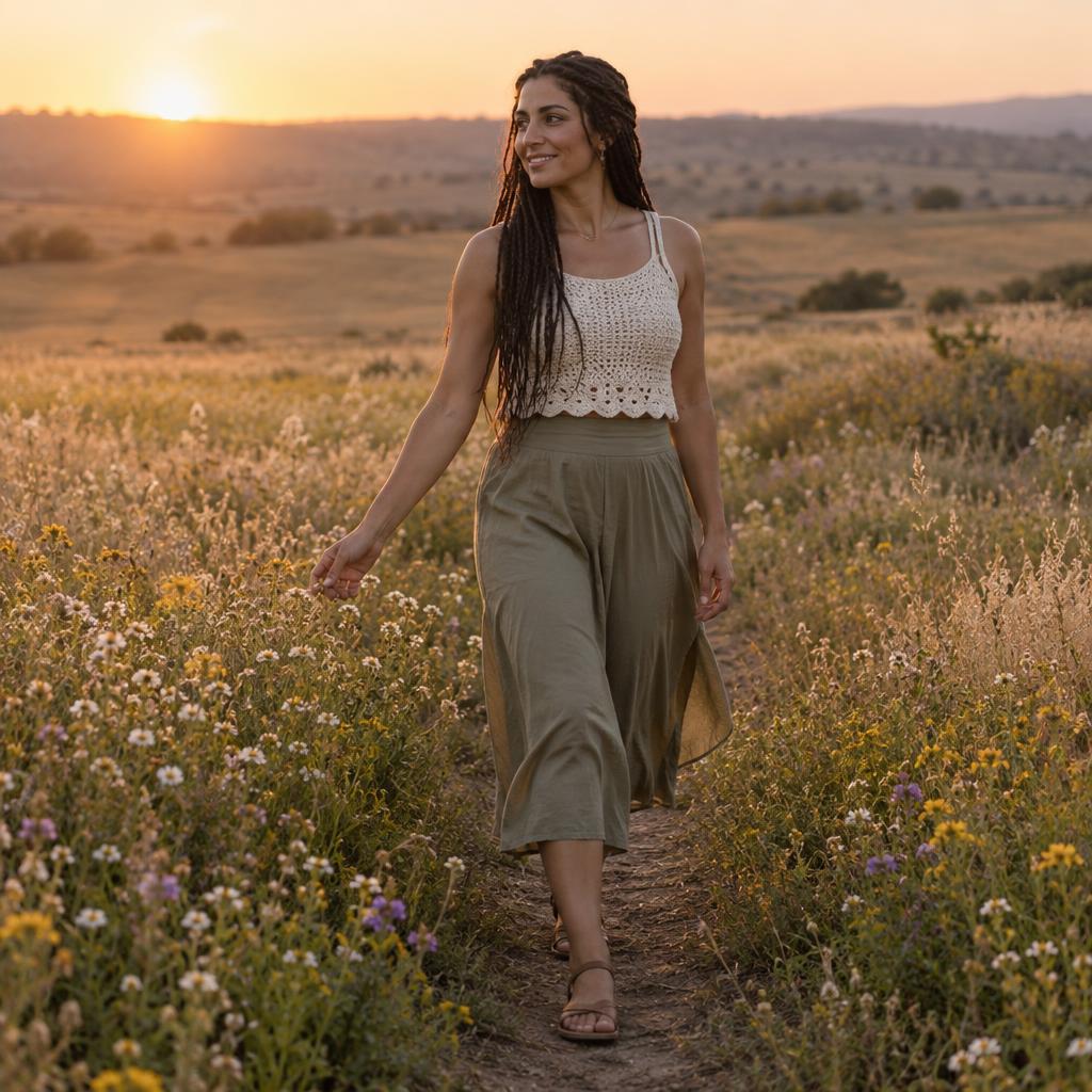 Festival Sunset Candid: Full-length shot of one person moving along a narrow path through low wildflowers in an otherwise open field.