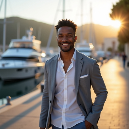 Natural Walking Portraits That Avoid Tourist Snapshot Poses example: Photorealistic Riviera vacation portrait. Half-body portrait on a marina promenade, the subject walking past moored boat