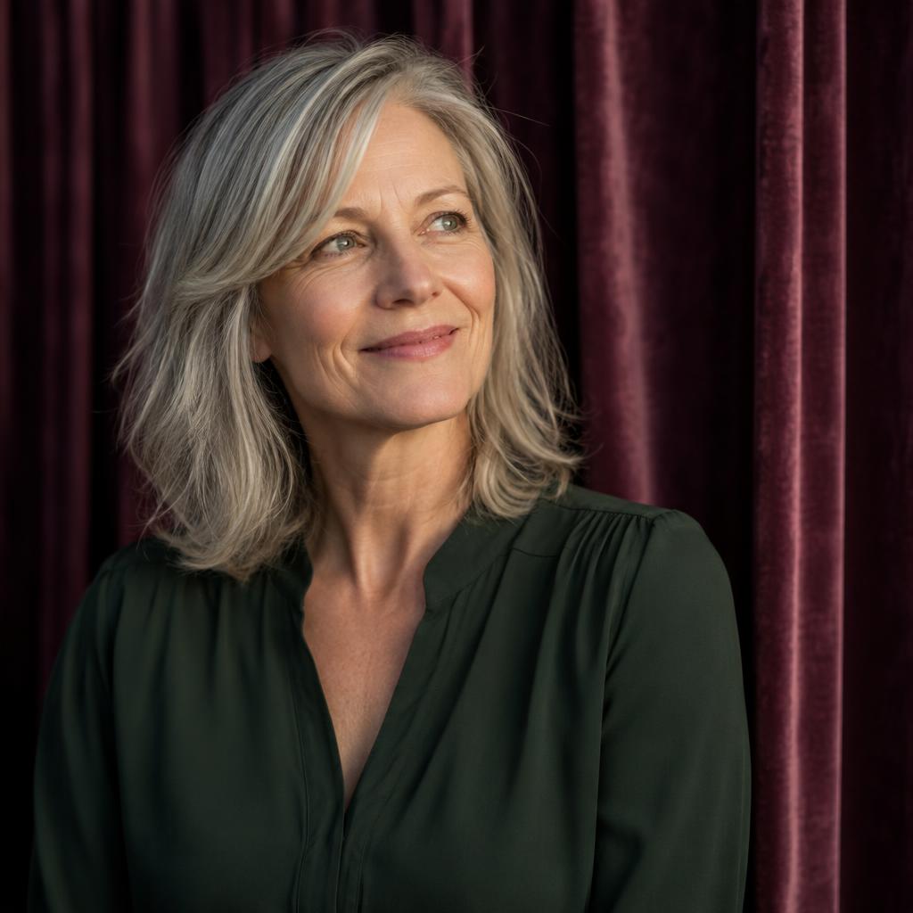 Musical-Theater Presence: Photorealistic chest-up casting portrait against richly folded plum velvet curtains.