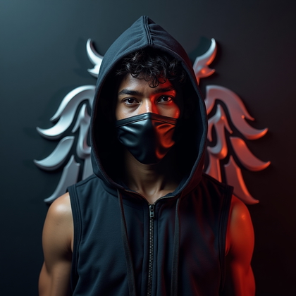 AI-generated photo: Photorealistic gaming avatar portrait photograph. The subject is framed from mid-torso up against a ...