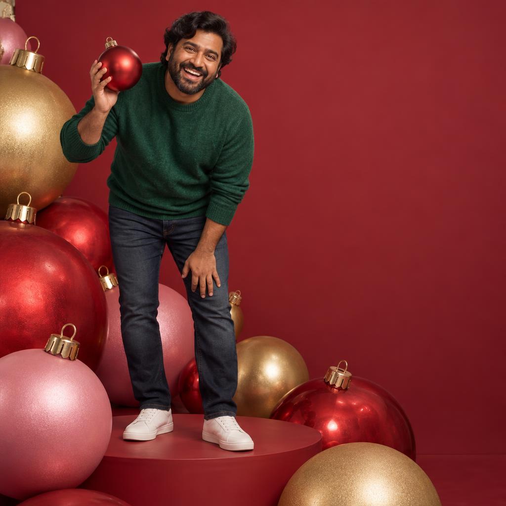 Playful Oversized Ornament Set: A festive studio portrait with giant red, pink, and gold baubles clustered around a low platform.