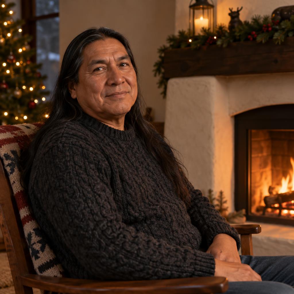 Fireside Seated Portrait: Photorealistic waist-up fireside portrait of one person seated in a wooden chair beside a glowing plaster fireplace.