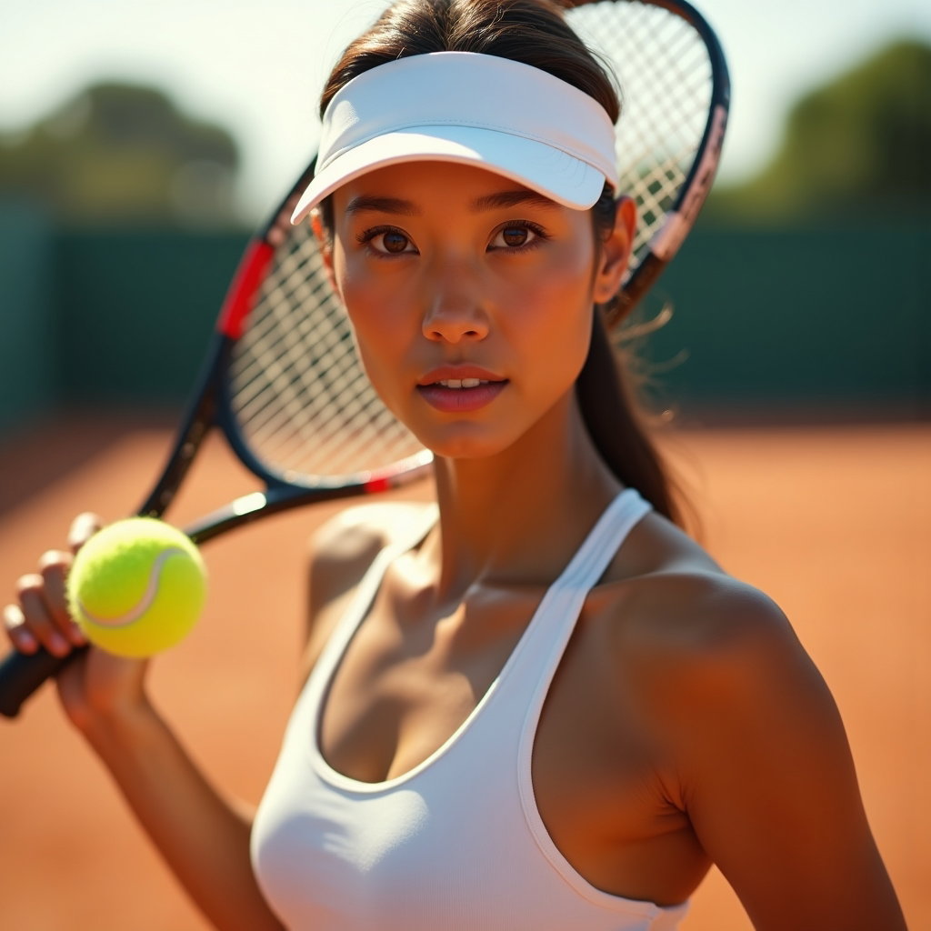 Action Serve and Backhand Tennis Portraits example: Photorealistic tenniscore portrait photography. Tight close-up action serve portrait with the racket lifted behind the s