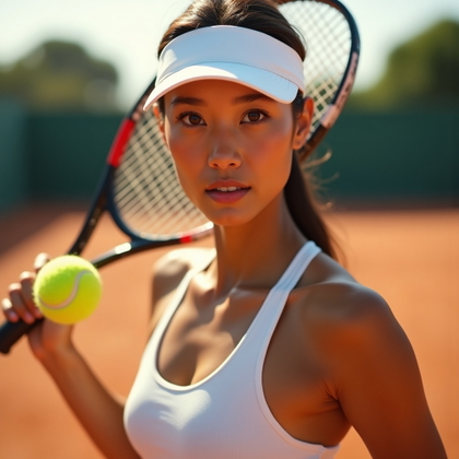 Action Serve and Backhand Tennis Portraits example: Photorealistic tenniscore portrait photography. Tight close-up action serve portrait with the racket lifted behind the s