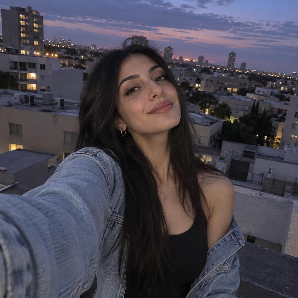 Rooftop Blue-Hour Selfie: Upper-body rooftop selfie taken with an arm stretched high, framing her against layered buildings and a violet-blue evening sky.