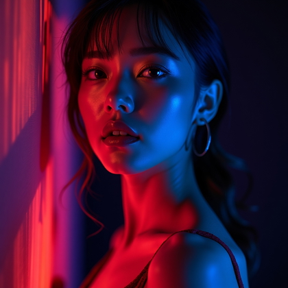 AI-generated photo: Photorealistic studio portrait. Close, vertical composition framed from upper torso to just above th...