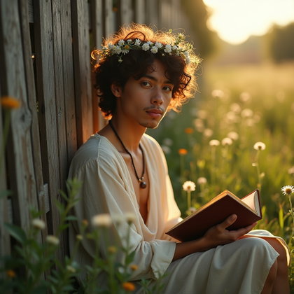Wildflower Crown Poet Portrait in Golden Hour Light example: Photorealistic poetcore portrait photography. Environmental portrait beside an old wooden fence and overgrown wildflower