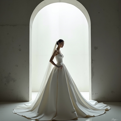 AI-generated photo: Photorealistic luxury bridal editorial photography; full-length portrait beneath a contemporary conc...